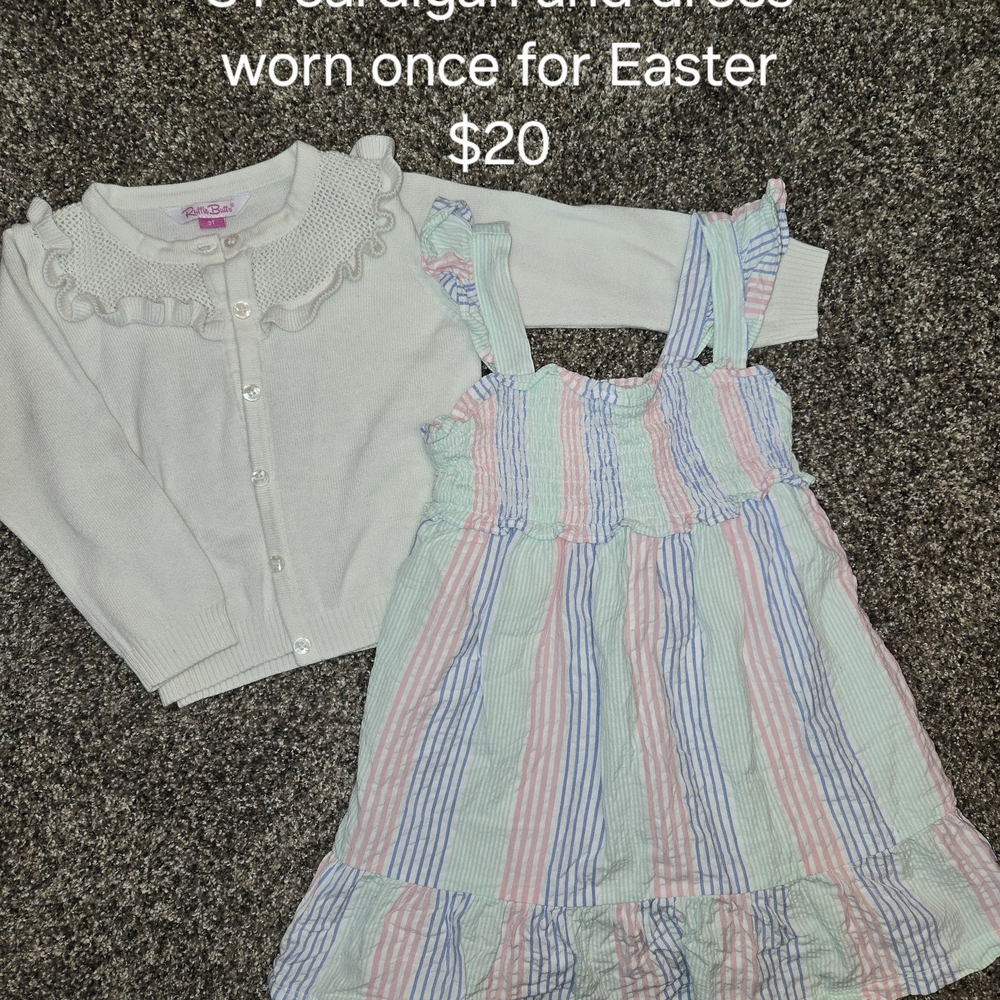 Striped Pastel EASTER Dress and White Cardigan Set Ruffle Butts Toddler Girl 3t